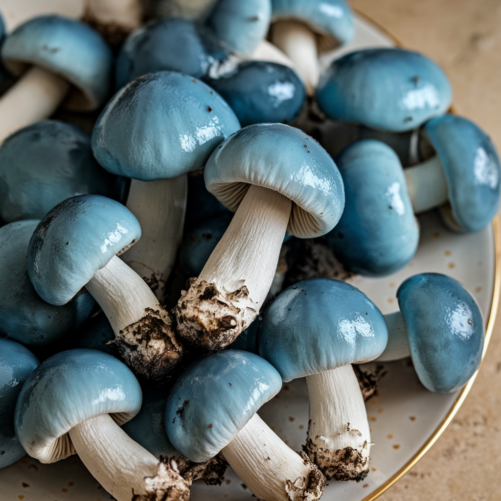 A hand carefully picking a magic mushroom from the ground